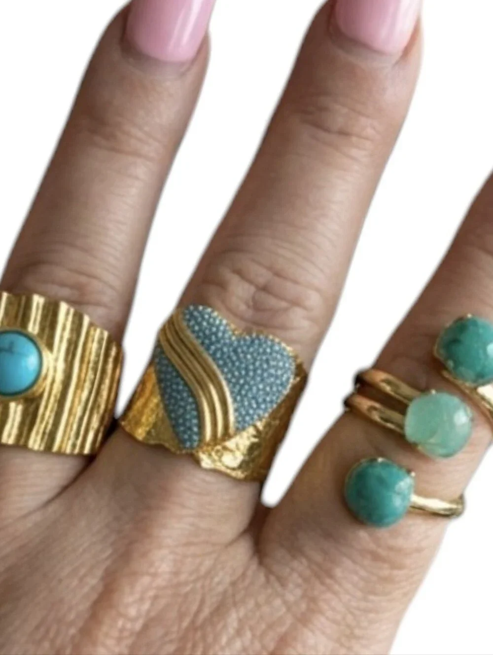 24k Gold Plated Chunky Hammered Turquoise Heart Crystal Wide Band Ring